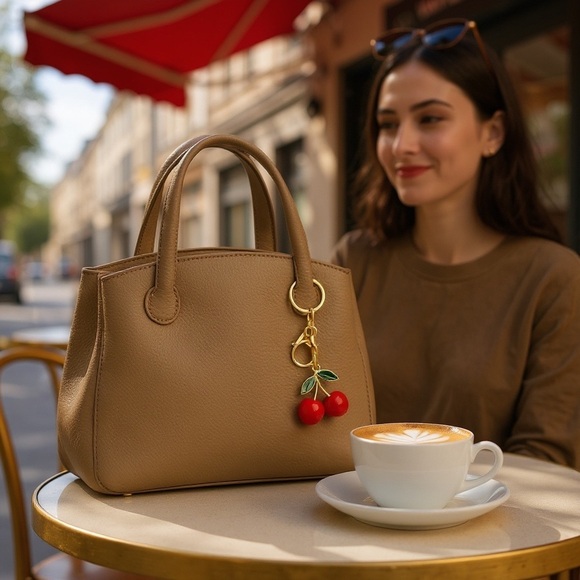 Cherry Keychain Red Enamel Charm Gold Tone - Picture 3 of 4